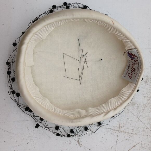 Ivory Fabric & Satin Pillbox Ladies Hat W/ Black Net Veil -Cathay of California - Picture 8 of 12